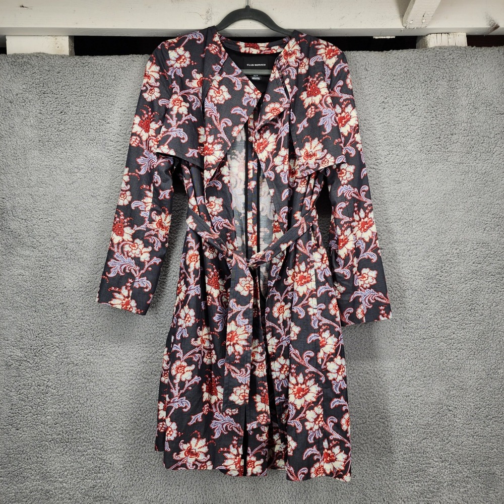 Club Monaco Floral Trench Coat XS Grey Red Linen Cotton Blend Belted Duster